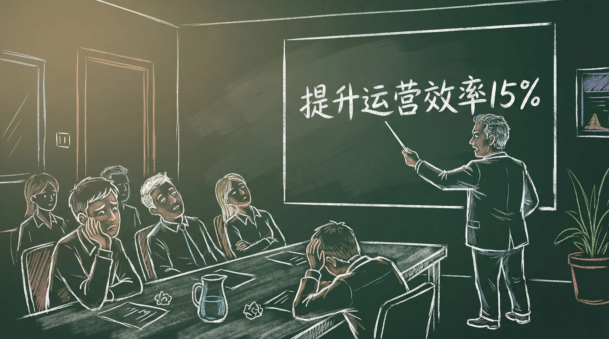 会议室里老板指着白板上的战略，员工一脸困惑