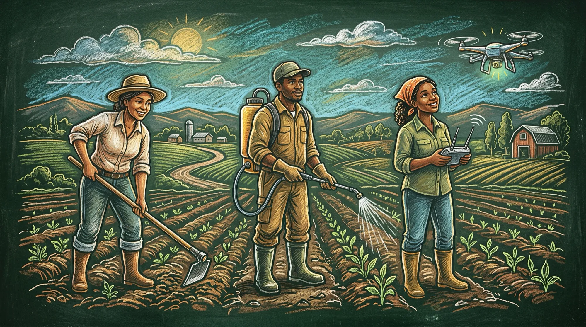 三个农民从锄头到喷药机到无人机，层层递进